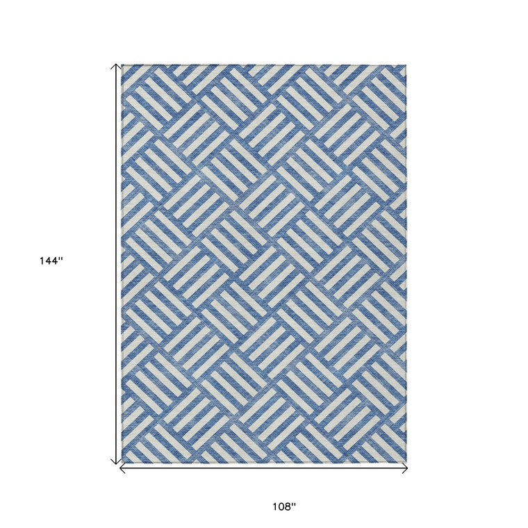 9' X 12' Blue And Ivory Geometric Washable Indoor Outdoor Area Rug