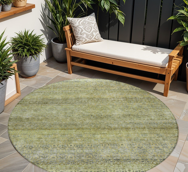 8' Artichoke Green Brown And Gray Round Striped Washable Indoor Outdoor Area Rug