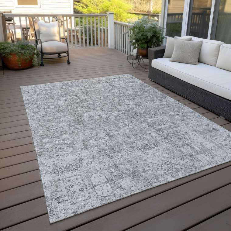 8' X 10' Gray Silver And Charcoal Floral Washable Indoor Outdoor Area Rug