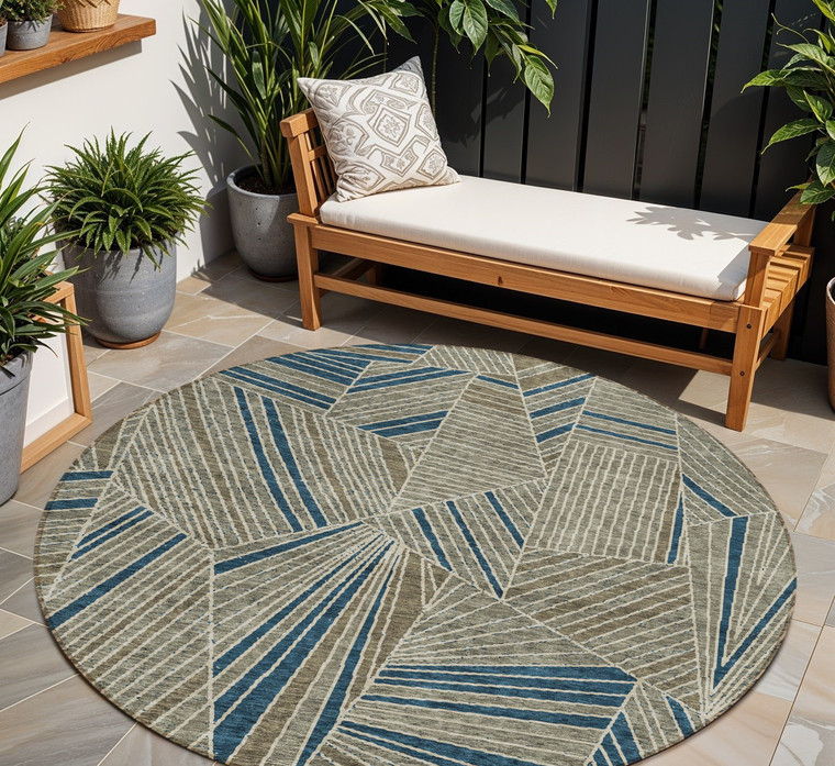 8' Taupe Blue And Beige Round Geometric Washable Indoor Outdoor Area Rug