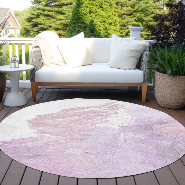 8' Lavender Ivory And Mauve Round Abstract Washable Indoor Outdoor Area Rug