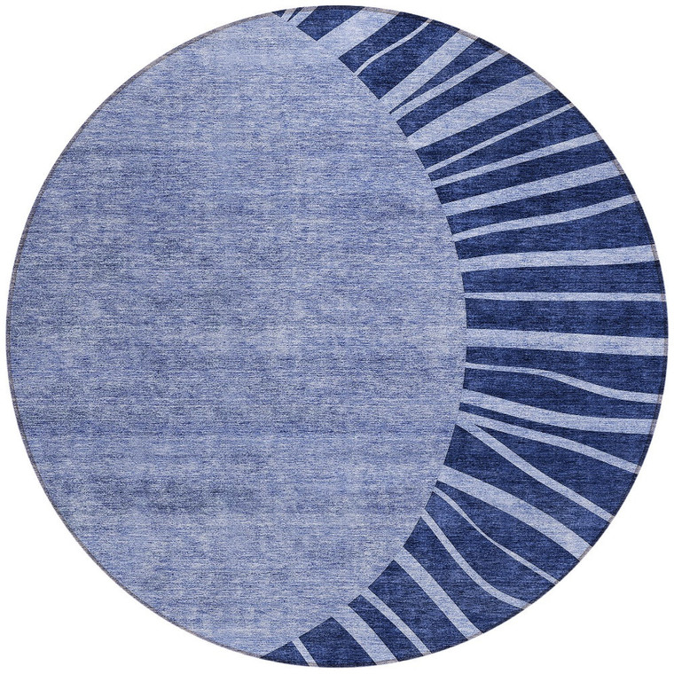 8' Navy Blue And Sky Blue Round Abstract Washable Indoor Outdoor Area Rug - 608219315276