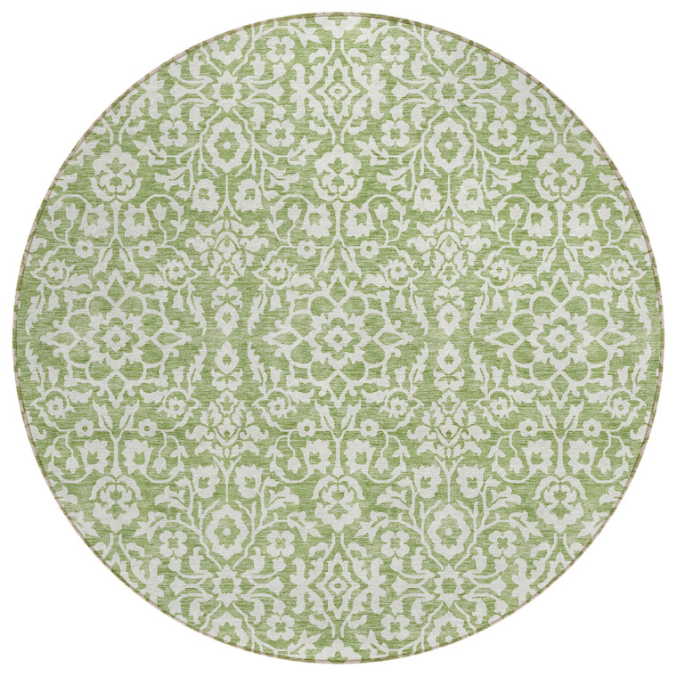 8' Green And Ivory Round Damask Washable Indoor Outdoor Area Rug