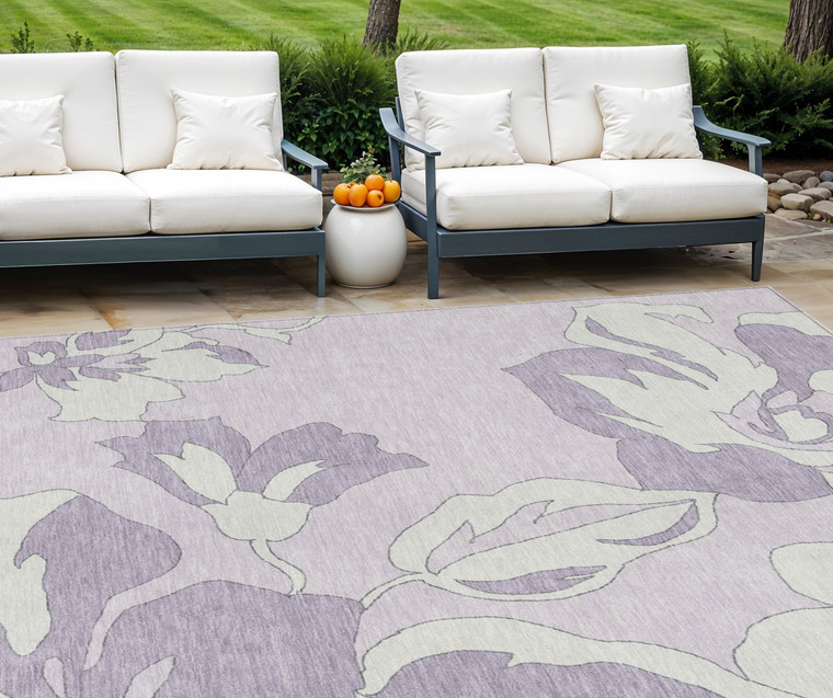 10' X 14' Lavender Lilac And Ivory Floral Washable Indoor Outdoor Area Rug