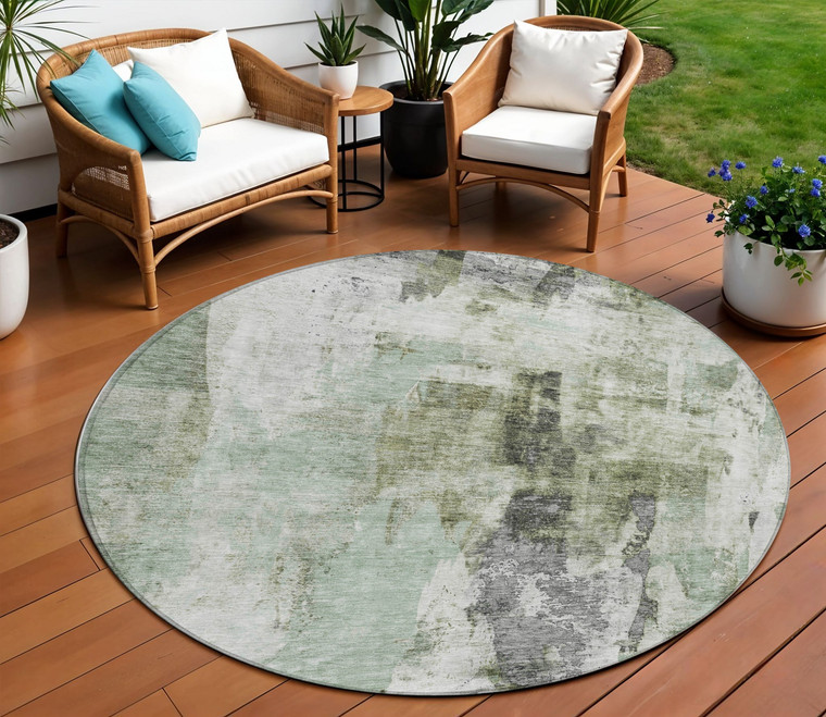 8' Mint Green Ivory And Gray Round Abstract Washable Indoor Outdoor Area Rug