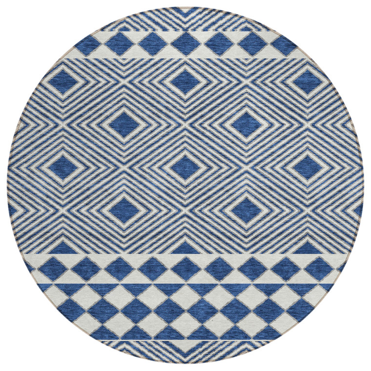 8' Navy Blue And Ivory Round Geometric Washable Indoor Outdoor Area Rug - 608219331665