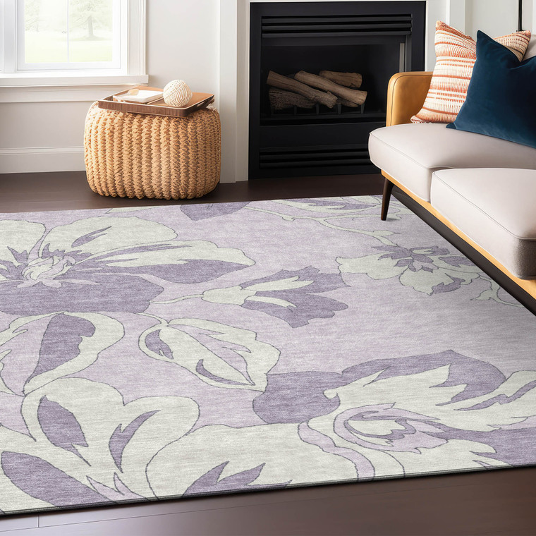 9' X 12' Lavender Lilac And Ivory Floral Washable Indoor Outdoor Area Rug - Lavender, Lilac, Ivory