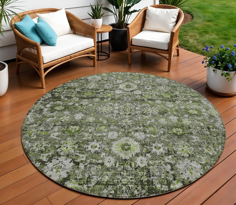 8' Green And Olive Green Round Oriental Washable Indoor Outdoor Area Rug
