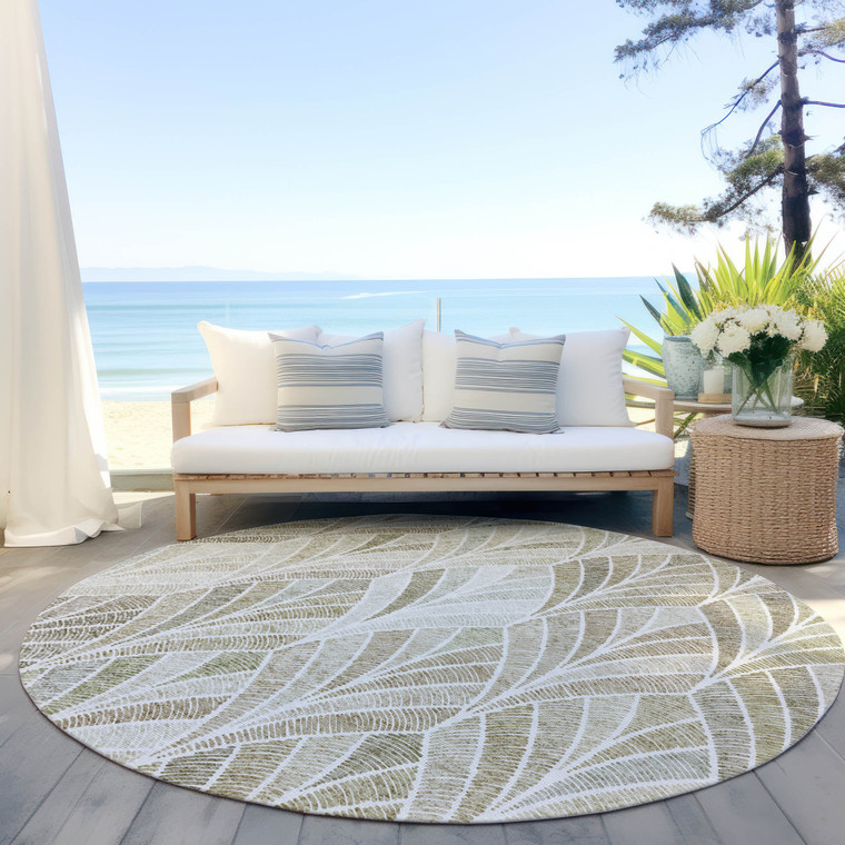 8' Khaki Tan And Beige Round Geometric Washable Indoor Outdoor Area Rug
