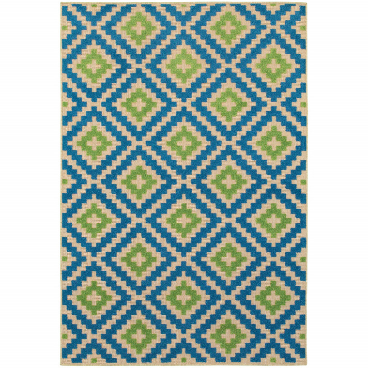 2' X 3' Blue and Beige Geometric Stain Resistant Indoor Outdoor Area Rug