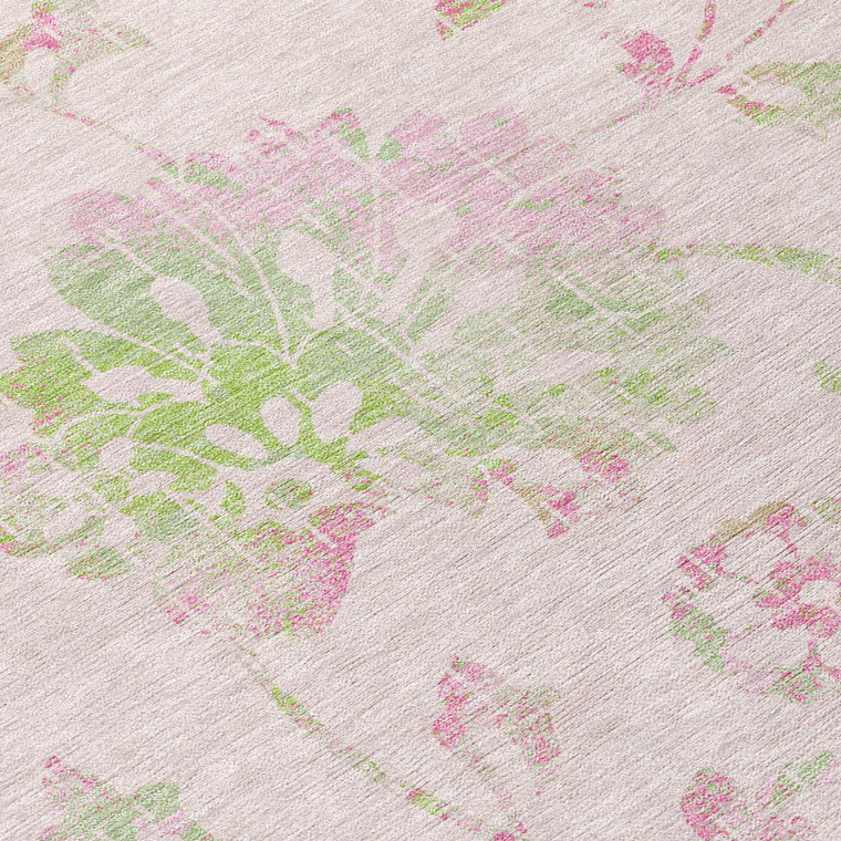 8' X 10' Pink Blush And Artichoke Green Floral Washable Indoor Outdoor Area Rug
