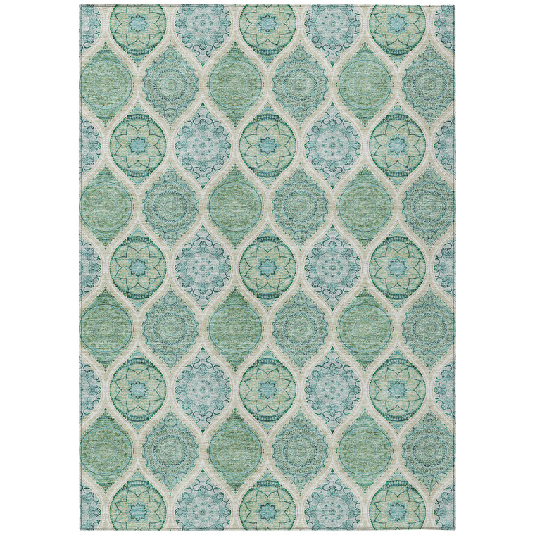 8' X 10' Sage Ivory And Teal Blue Floral Medallion Washable Indoor Outdoor Area Rug