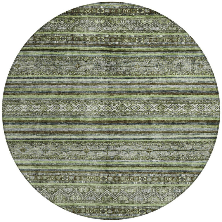 8' Olive Green Gray And Fern Green Round Southwestern Washable Indoor Outdoor Area Rug