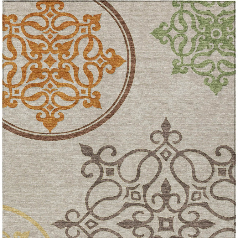 9' X 12' Taupe Copper And Green Floral Medallion Washable Indoor Outdoor Area Rug