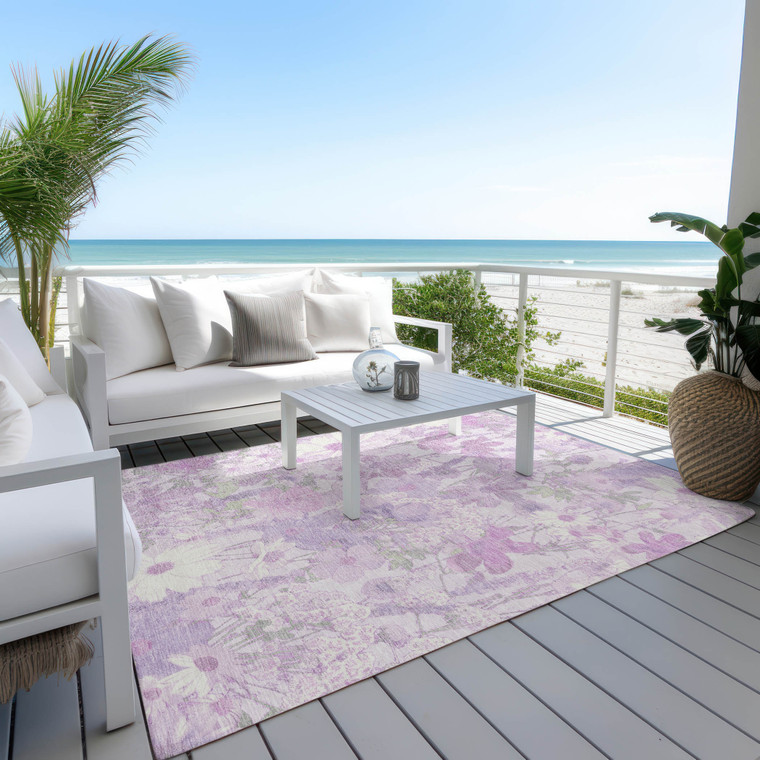 8' X 10' Lavender Purple And Lilac Floral Washable Indoor Outdoor Area Rug