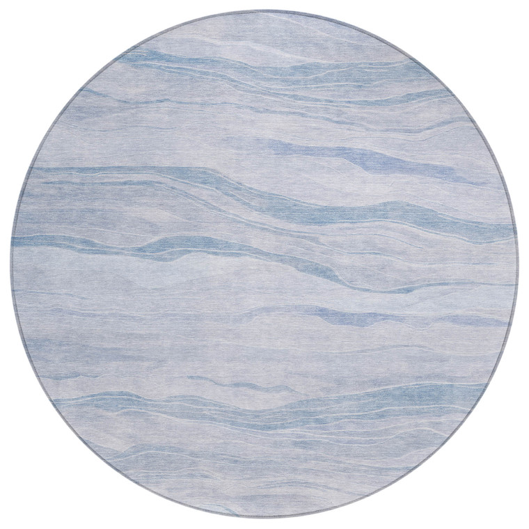 8' Sky Blue Round Striped Washable Indoor Outdoor Area Rug