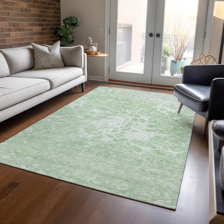 9' X 12' Mint Green And Ivory Abstract Washable Indoor Outdoor Area Rug