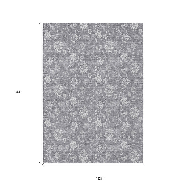 9' X 12' Gray Silver And Ivory Floral Washable Indoor Outdoor Area Rug
