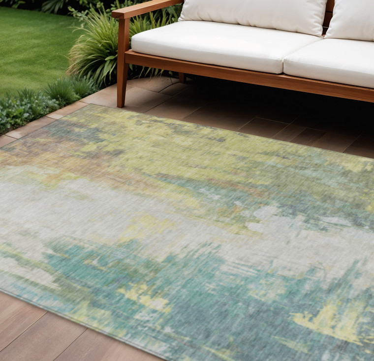 8' X 10' Pale Aqua And Ivory Abstract Washable Indoor Outdoor Area Rug