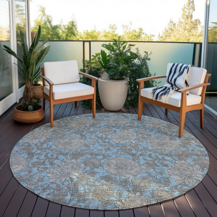 8' Blue Gray And Silver Round Floral Washable Indoor Outdoor Area Rug