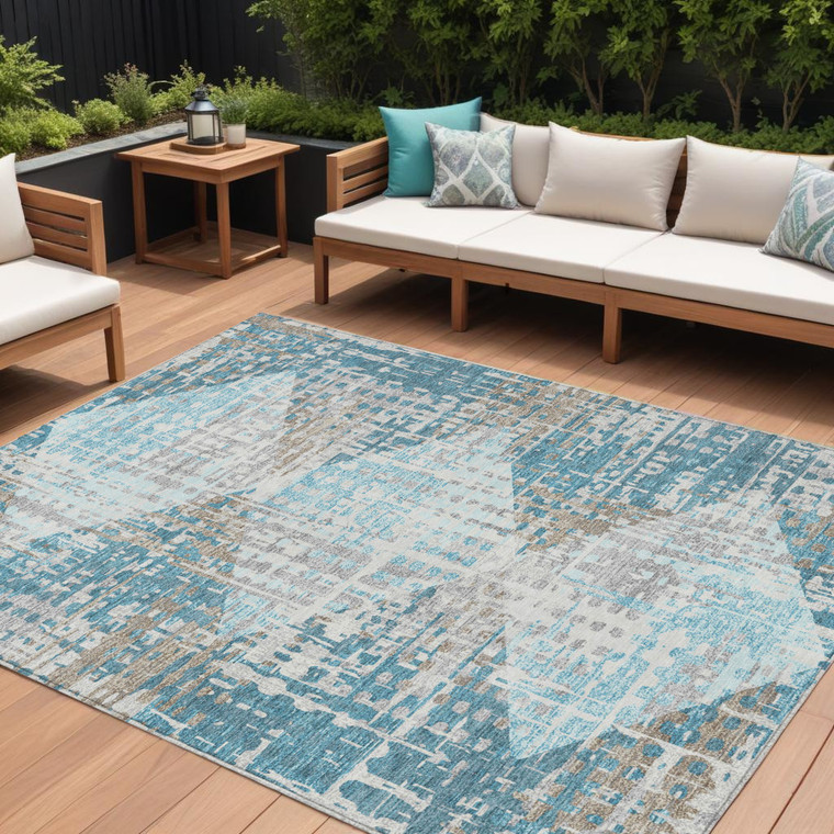 10' X 14' Teal Blue And Beige Geometric Washable Indoor Outdoor Area Rug - Teal Blue, Beige