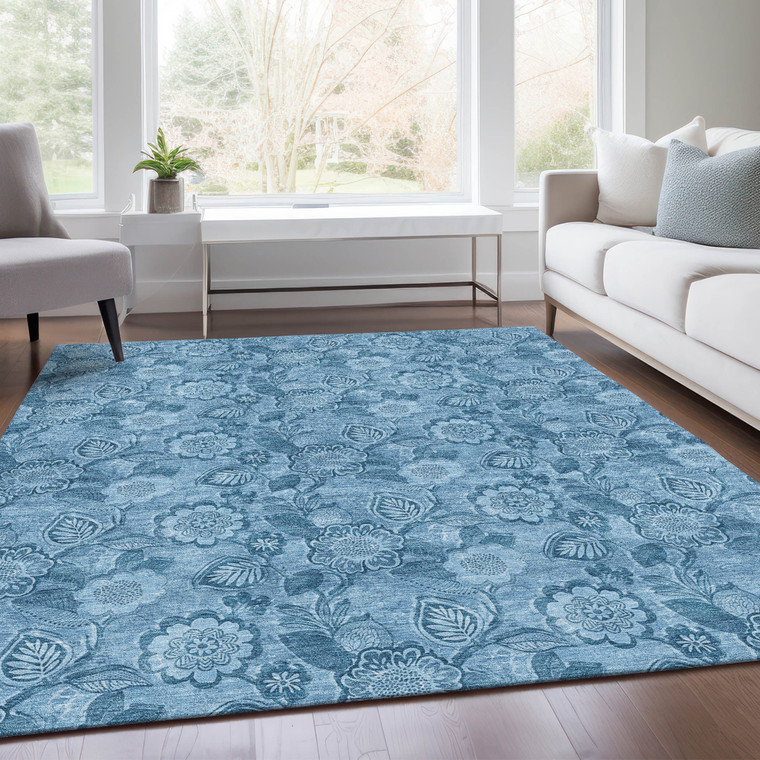 10' X 14' Blue And Denim Blue Floral Washable Indoor Outdoor Area Rug