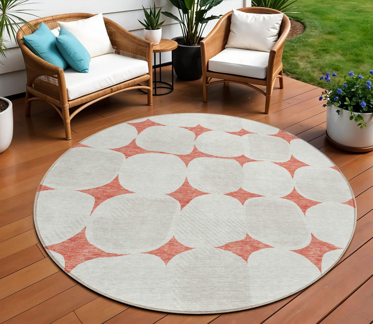 8' Salmon Beige And Ivory Round Abstract Washable Indoor Outdoor Area Rug