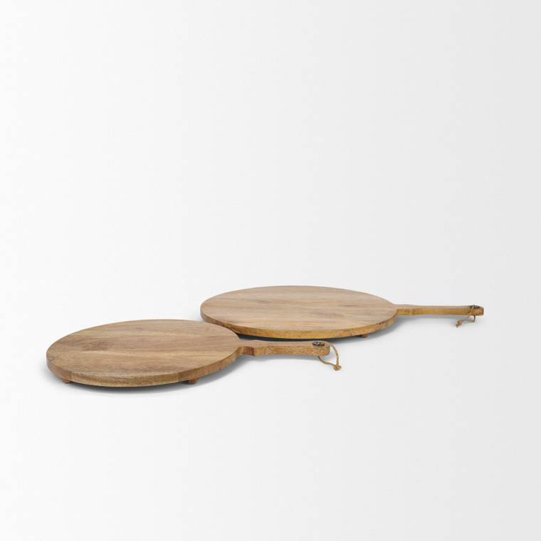 Set of Two Natural Solid Wood Handmade Round Serve Boards With Handles