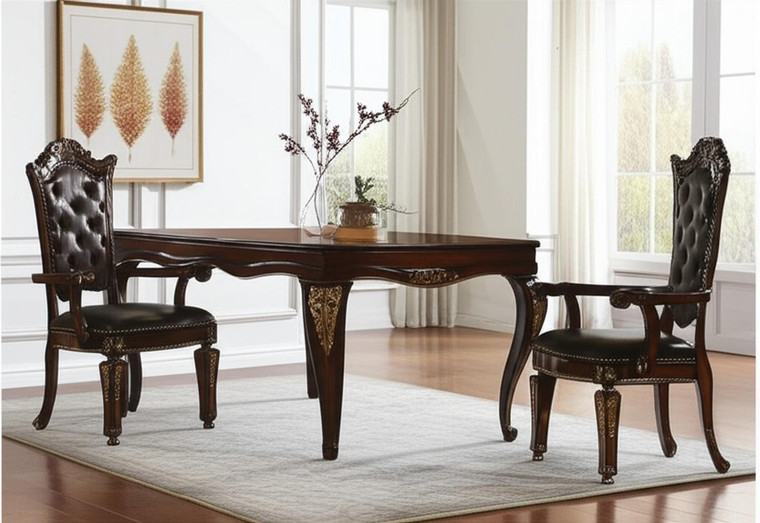 Set of Two Tufted Brown and Redwood Upholstered Faux Leather And Solid Wood Dining Arm Chairs