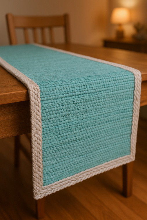 80" Turquoise And Natural Solid With Border Cotton Table Runner