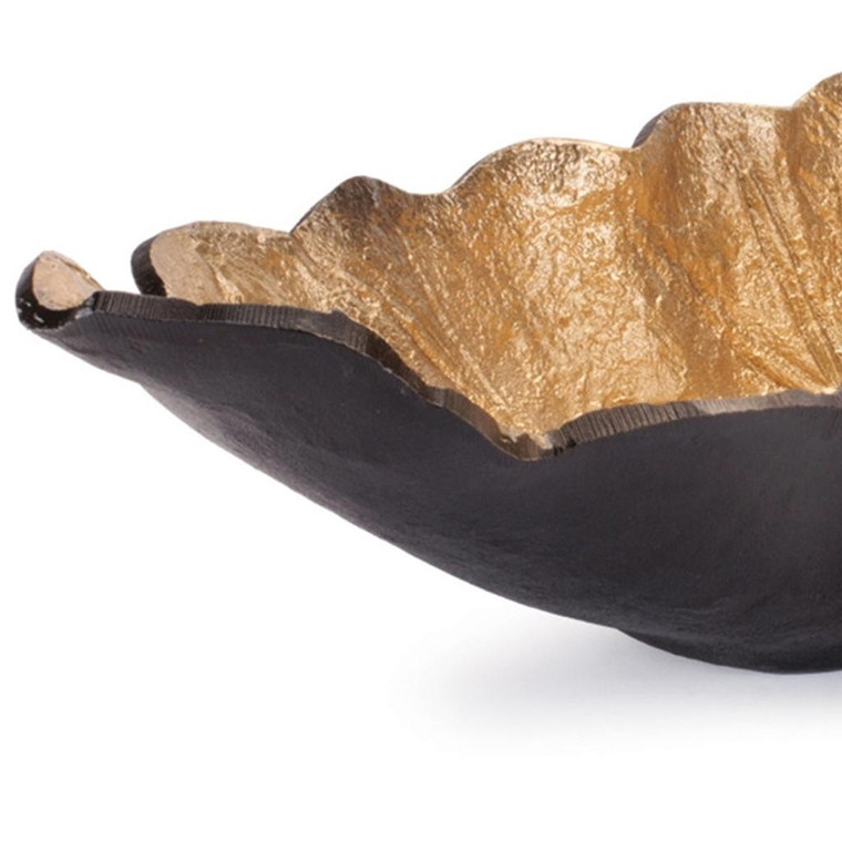 Set of Two 25" Black And Gold Cast Aluminum Rustic Leaf Centerpiece Bowls