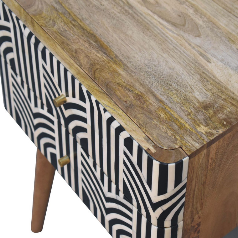 23" Black Ivory And Light Brown Solid Wood Geometric Bone Inlay Two Drawer Nightstand