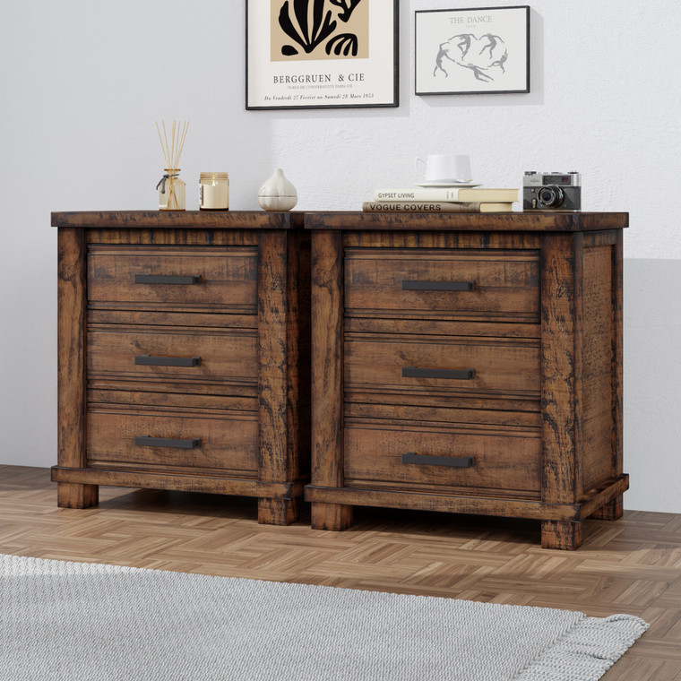 Set of Two 26" Walnut Solid Wood Distressed Three Drawer Nightstand