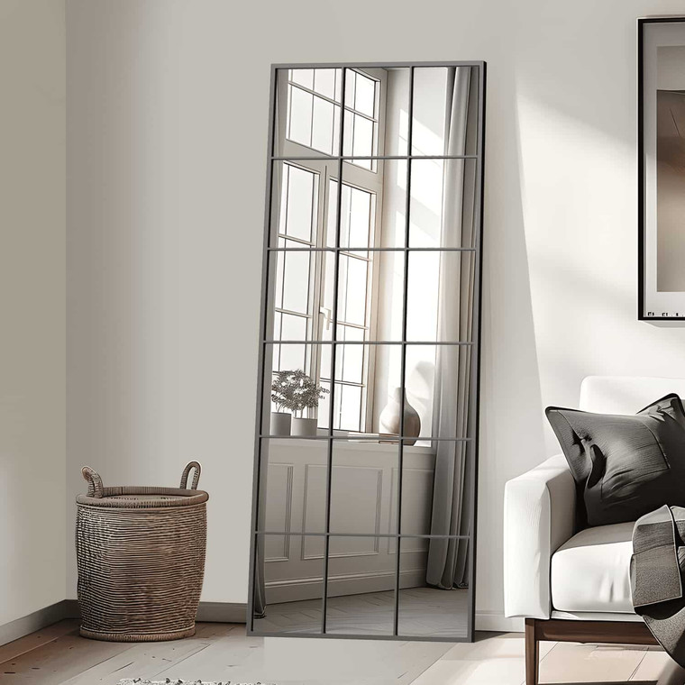 69" Black Metal Windowpane Framed Full Length Mirror