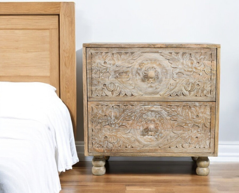 24" Natural Two Drawer Distressed Carved Floral Solid Wood Nightstand