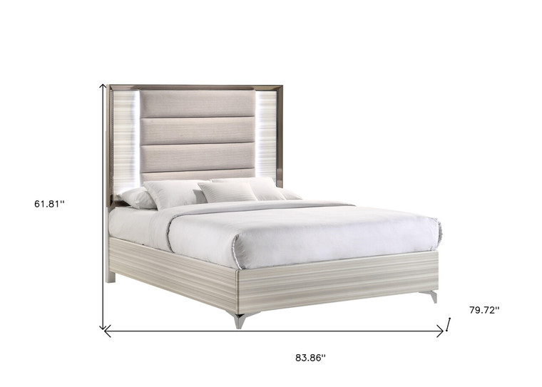 Beige White And Chrome Wood Upholstered Lighted King Bed Frame