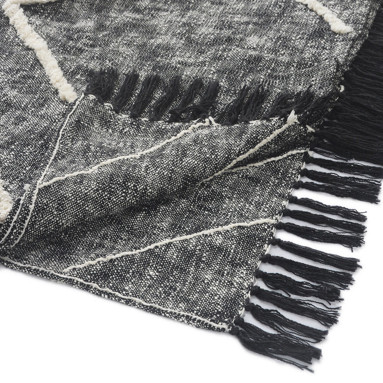 Charcoal and Off White Geometric King Cotton Coverlet With Fringe