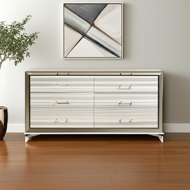 64" White And Silver Wood Six Drawer Double Dresser