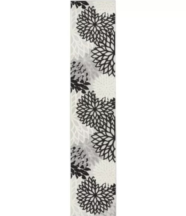 2' X 10' Black And White Floral Non Skid Indoor Outdoor Runner Rug - 606114454243
