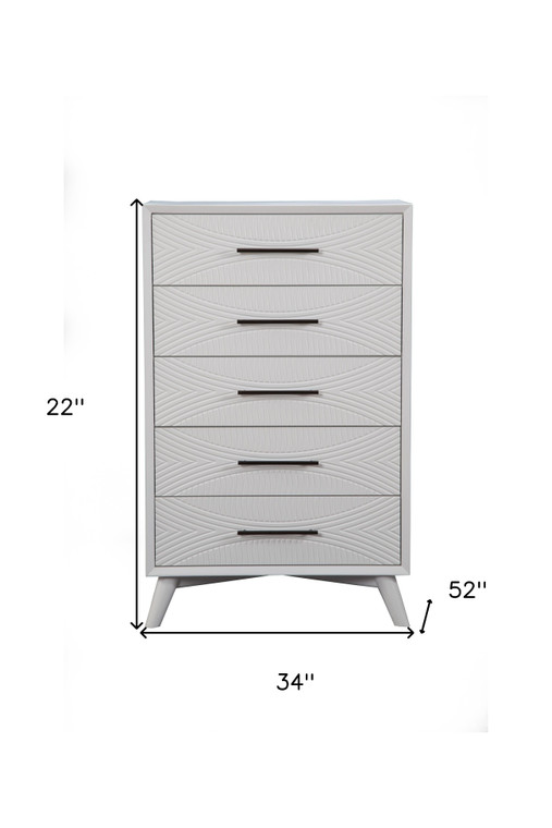 34" White Carved Geometric Solid Wood Five Drawer Dresser