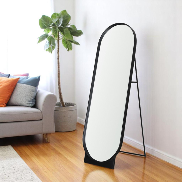 67" Black Metal Oval Freestanding Tilting Geometric Framed Standing Mirror