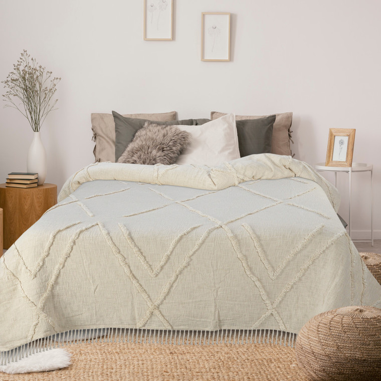 Ivory Geometric Twin Cotton Coverlet With Fringe - 608219023522
