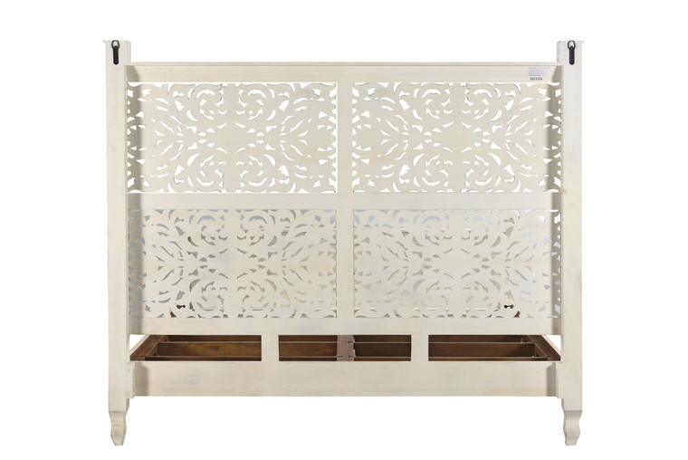 White Carved Floral Distressed Solid Wood King Bed Frame