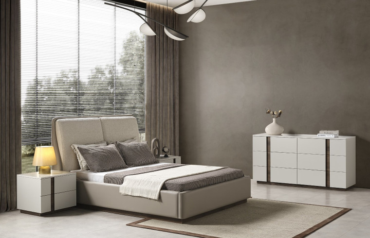 Gray And Cream Faux Leather Upholstered King Bed Frame