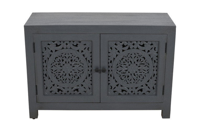 30" Gray Distressed Solid Wood Textured Door Accent Cabinet With Two Doors