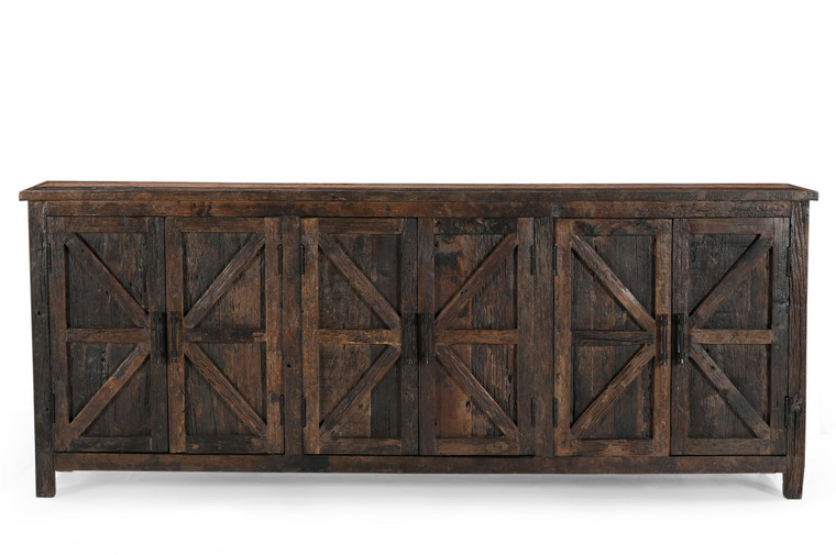 84" Dark Brown Distressed Reclaimed Wood Paneled Sideboard with Six Doors