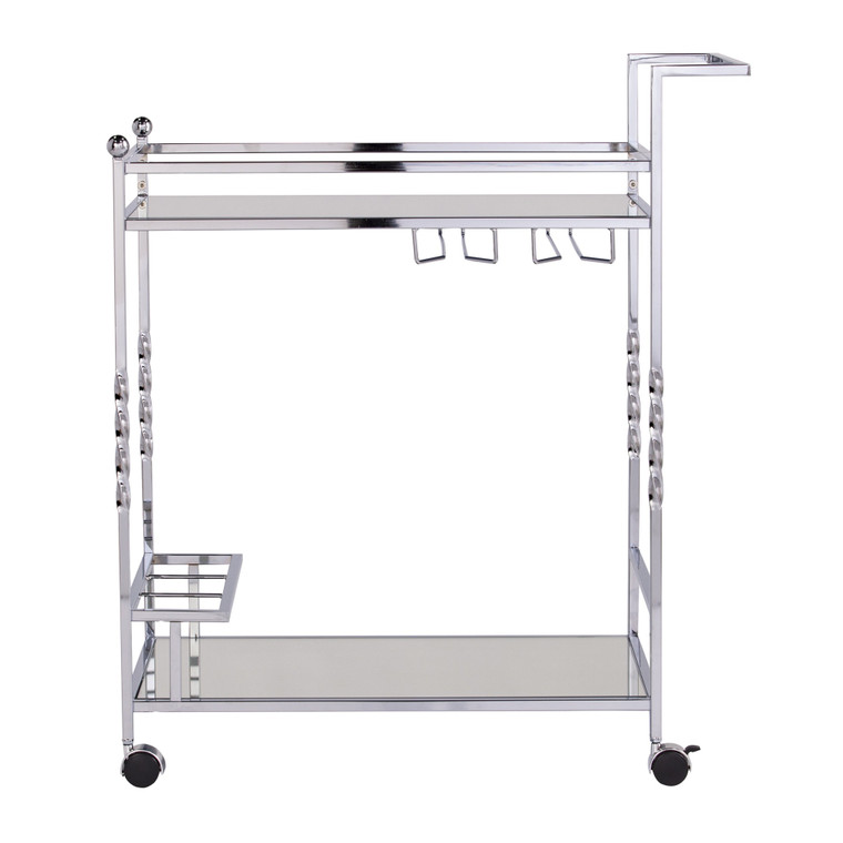 29" Silver Metal and Mirrored Glass Rolling Bar Cart With Wine Storage