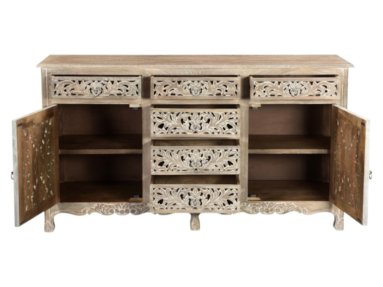 66" Gray Distressed Solid Wood Carved Floral Six Drawer Sideboard with Two Doors