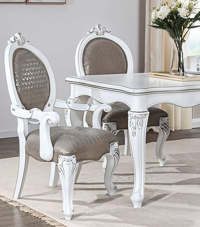 Set of Two Gray and White Upholstered Faux Leather And Solid Wood King Louis Back Dining Arm Chairs