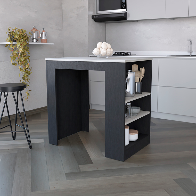 36" Gray and Black Faux Marble and Wood Kitchen Island With Storage